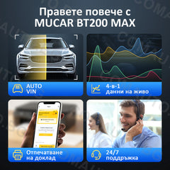 MUCAR BT200 MAX, любителски уред за автодиагностика за леки автомобили, CAN-FD, 15+ серв. функции, двупосочен тест, доживотен ъпдейт