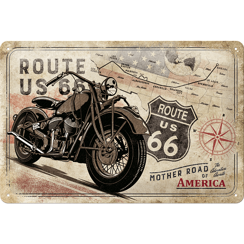 Метална табела Route 66 Bike Map - 20 x 30 см